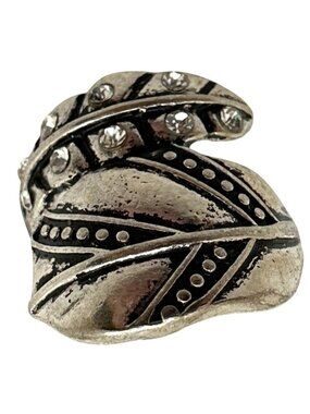 Boho Fairy Leaf Motif Wrap Ring Patina Silver Tone Rhinestones Whimsical
